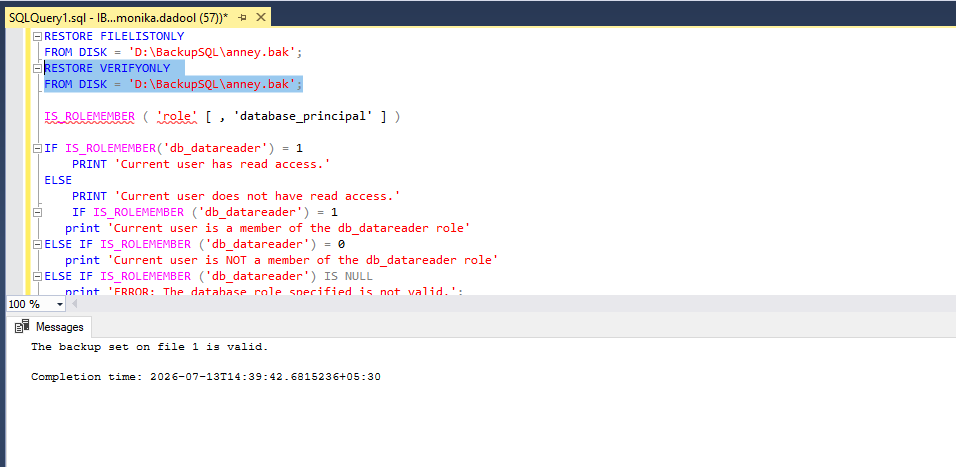 Checking Backup file using RESTORE VERIFYONLY Command